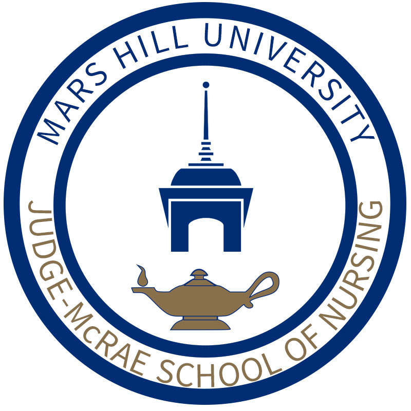 Judge-McRae School of Nursing logo: blue MHU cupola stacked on gold lamp in the middle of a circle reading Mars Hill University Judge-McRae School of Nursing