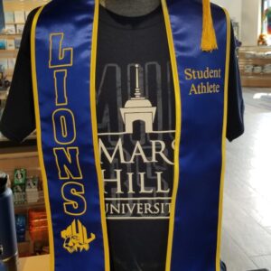 display of graduation student athlete stole, with mortarboard and a black MHU tshirt on a mannequin