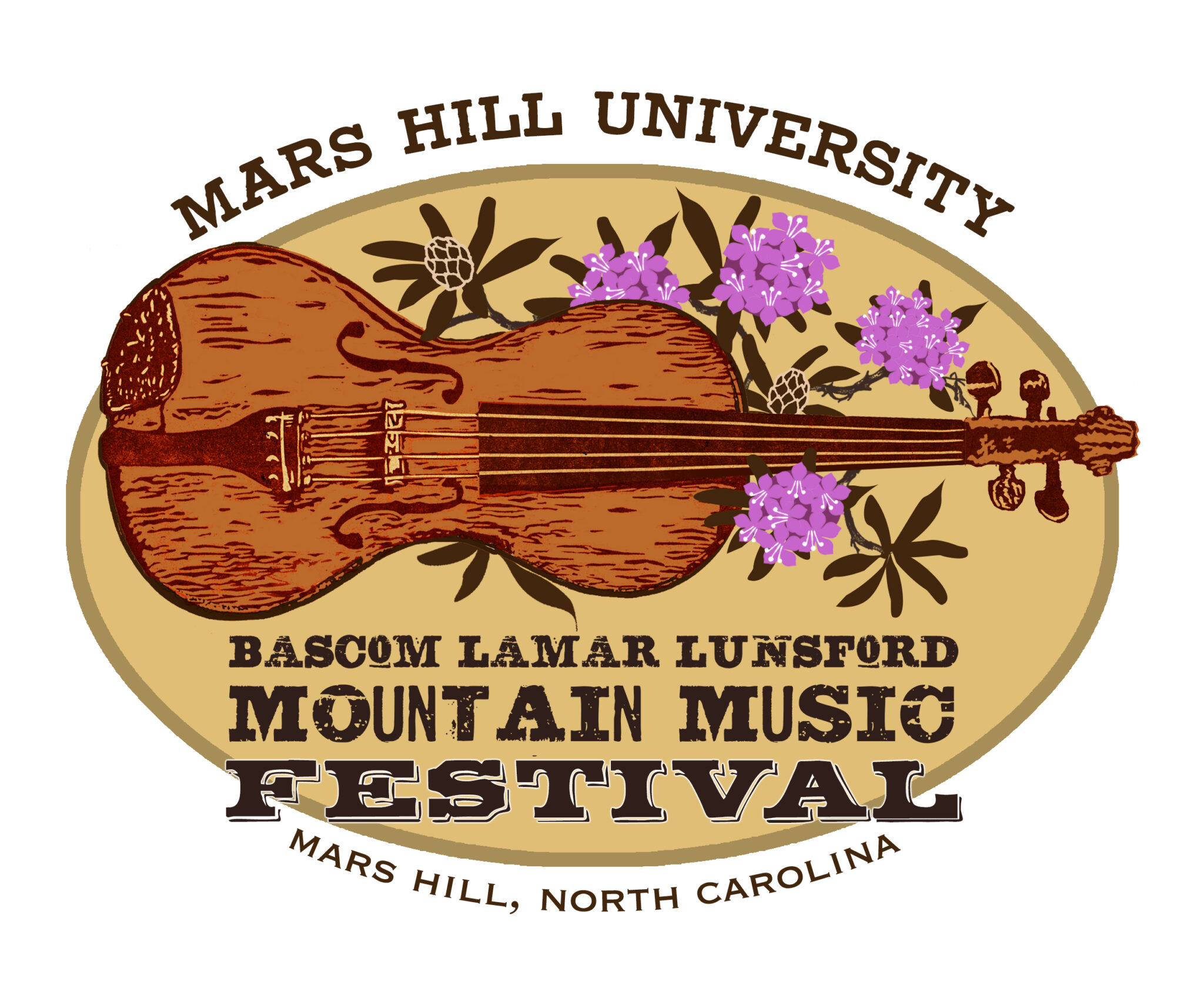 Oval logo for Bascom Lamar Lunsford Mountain Music Festival at Mars Hill University, featuring an illustration of a banjo with purple flowers