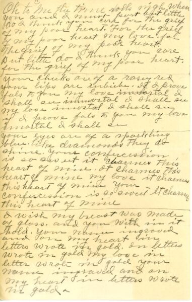 handwritten lyrics on yellowed sheet