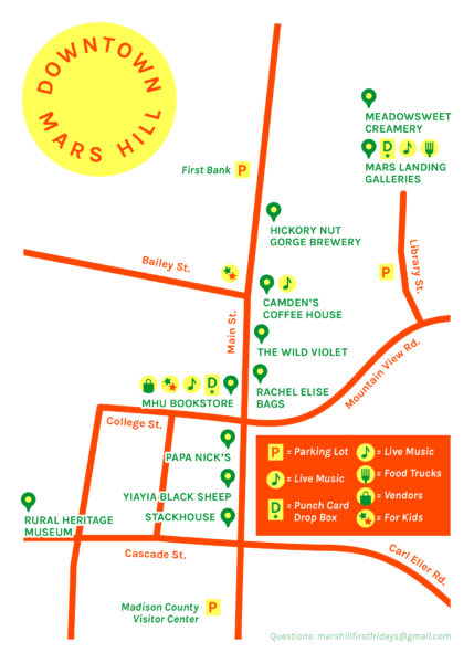 Map of downtown Mars Hill, showing business participating in First Fridays