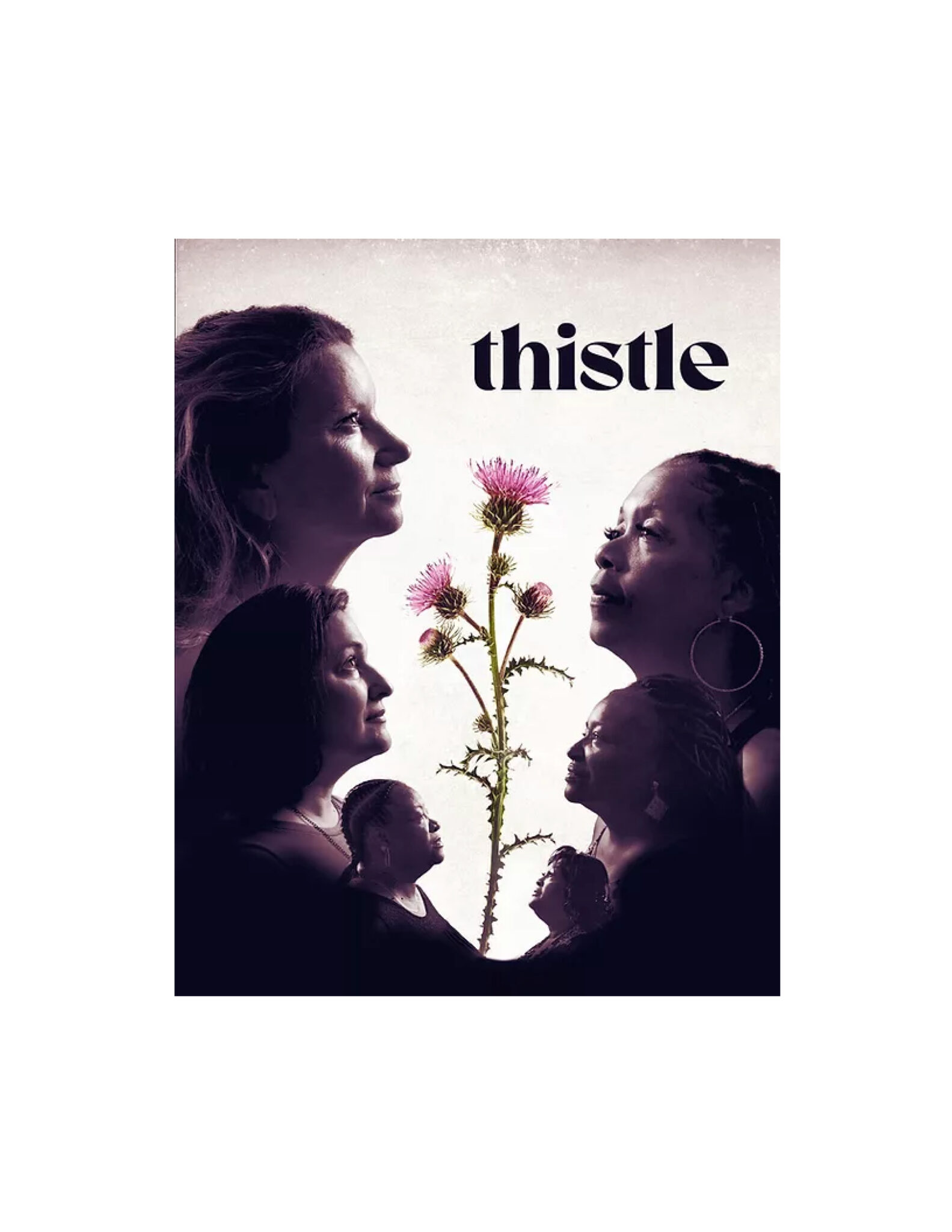 Movie poster for Thistle film shows six women, almost in silhouette, three on each side facing toward a thistle plant in the center, with the word thistle near the top