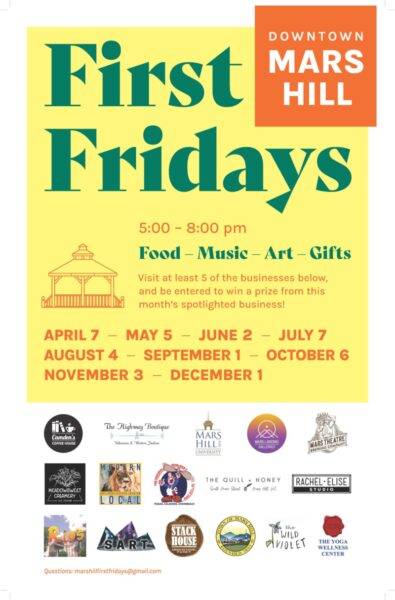 Poster for First Fridays, featuring brand colors of yellow, green, and orange, along with dates and list of participating businesses.