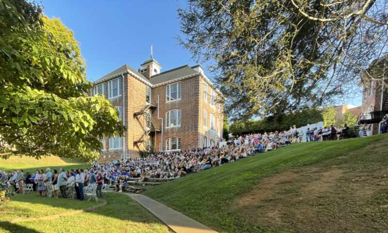 Students in the amphitheatre with Marshbanks behind them for opening convocation 2022.