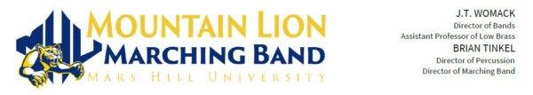 Mountain Lion Marching Band letterhead with MHU athletics logo and names of J.T. Womack, Director of Bands, and Brian Tinkel, Director of Marching Band