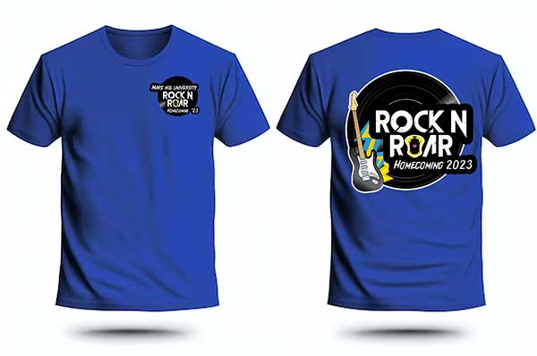 front and back mock-ups of blue t-shirt with logo for Mars Hill University Rock N Roar Homecoming 2023, featuring a black vinyl record and an electric guitar