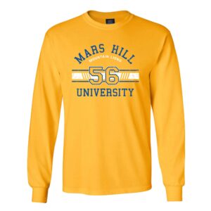 yellow long sleeved t-shirt with Mars Hill and Mountain Lions curved at top, 56 in the middle, and University at bottom