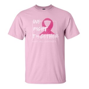 Pink short sleeved tshirt with dark pink breast cancer awareness ribbon imprint and words We Fight Together Mars Hill University in white; the O in Together is made of the lion head logo