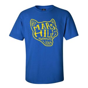 blue short sleeved t-shirt with Mars Hill University Lions stylized inside the outline of a mountain lion head