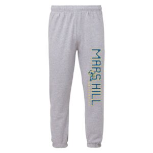 gray sweatpants with Mars Hill University and lion logo turned 90 degrees on one leg