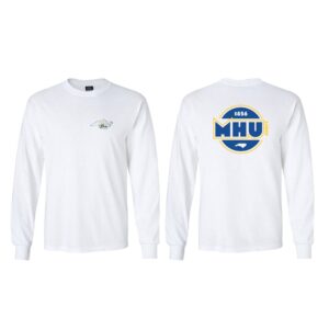front and back of white long sleeved t-shirt; front has outline of NC map with outlined athletics logo; back has circular logo with large MHU in center and 1856 and NC map in white on blue background at top and bottom of circle