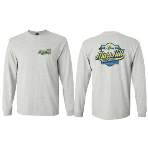 front and back views of gray long sleeved t-shirt; front has Mars Hill University in script baseball-style logo; back has same logo with lion and Est 1856