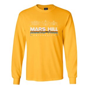 Gold long sleeved t-shirt with line drawings of McConnell Hall, Marshbanks Hall, and Owen Theatre in white at the top, Mars Hill in stacked, overlapping lines of different colors, and University in white at the bottom