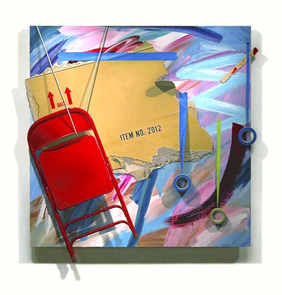 Backup Plan by Robert Tynes; illustration of red folding chair, torn manilla mailer envelope, blue and green tape, painted to appear three-dimensional