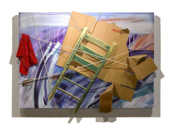 Mistaken Identities Revisited by Robert Tynes, painting of a broken cardboard box, green wooden chair back, sticks, towel, painted to look realistically 3-dimensional