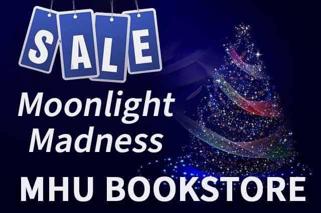 MHU Bookstore Moonlight Madness Sale image, with white type on blue background and multi-colored stylized Christmas tree