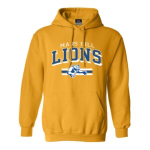 gold hoodie with Mars Hill in white and LIONS in large block letters in blue with a white outlined bevel and drop shadow; below the wording are three horizontal lines, a blue one sandwiched between two white ones, and a blue and white lion logo overlaying the lines