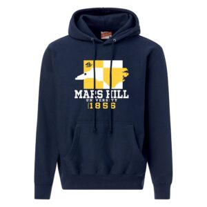 dark blue hoodie with a large rectangle split into a yellow side and a white side; an illustration of the state of North Carolina overlays the rectangle, with the map split in the middle like the rectangle, with the left side in white over the yellow rectangle and the right in yellow over the white rectangle; there's a blue star marking the location of Mars Hill and a blue MHU athletics logo in the upper left corner; below the illustration are the words Mars Hill University and 1856