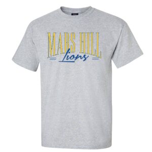 Gray t-shirt with Mars Hill in all-caps block letters and lions in lowercase script beneath