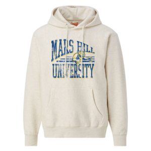 cream hoodie with Mars Hill in blue block letters arching in a shrinking perspective over the word University in blue block letters in a straight line; in the space where the two lines diverge in the arch is an illustration of three horizontal blue lines and a blue and yellow lion logo; the entire imprint has a distressed effect applied