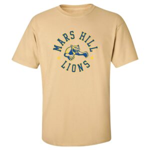 yellow t-shirt with Mars Hill Lions arched above and below the MHU athletics lion