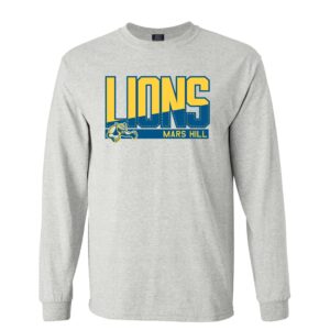 gray long-sleeve t-shirt with LIONS in large block letters; the word is primarily in yellow with blue filling the lower parts of the letters, rising at about a 35-degree angle; below the word is a blue bar with the MHU athletics lion logo on the left and the words Mars Hill in yellow on the right