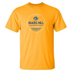 gold t-shirt with white circle logo; inside, from top to bottom: Est 1856, MHU athletics logo, Mars Hill, Lions, University; there is hatched decoration of a horizontal line between Mars Hill and Lions, and a half-circle between Lions and University