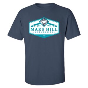 blue t-shirt with a hexagon shaped logo in white and teal; logo has a black and white illustration of a mountain river scene, the words Mars Hill University across the lower portion and NC at the bottom; Est. and 1856 are at an angle on either side of the mountain river image