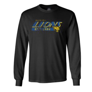 black long-sleeve t-shirt with LIONS in large block italicized lettering in blue with a yellow drop shadow/bevel; Mars Hill is in smaller yellow text at upper left and ESTD 1856 and a yellow lion head are on a blue bar beneath the word Lions