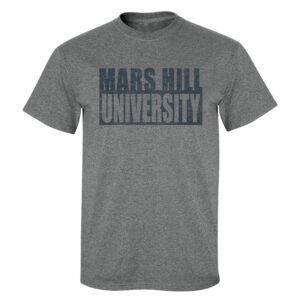 gray tshirt with Mars Hill in blue block text, stacked above University in block text reversed out of a blue background