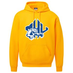 Yellow hoodie with MHU athletics logo in blue and white