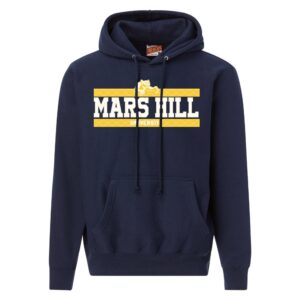 dark blue hoodie with Mars Hill in large white block letters; there are yellow horizontal bars above and below the lettering, with the lion logo on the top bar and the word University on the bottom one