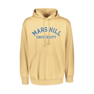 yellow hoodie with Mars Hill in block font arched above University