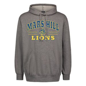 gray hoodie with Mars Hill Lions text and MHU athletics logo in blue & yellow