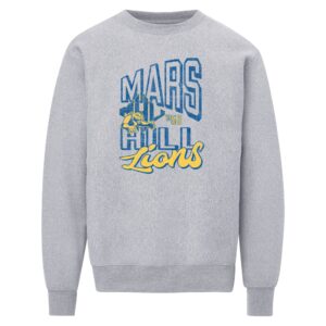 gray sweatshirt with Mars Hill stacked in blue-outlined block font and Lions in yellow script below; the MHU athletics logo and 1956 are placed between Mars and Hill