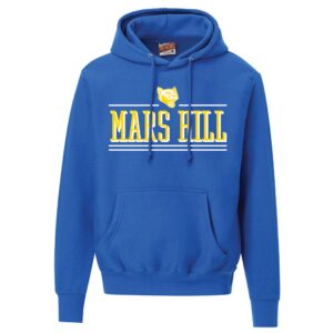 blue hoodie with large block lettering reading Mars Hill in yellow with white drop shadow; there are two white horizontal lines below the wording and one white line above; a yellow and white lion head logo sits atop the top line