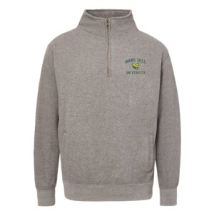 gray quarter-zip long-sleeve fleece shirt with Mars Hill University text and lion head logo as a crest logo