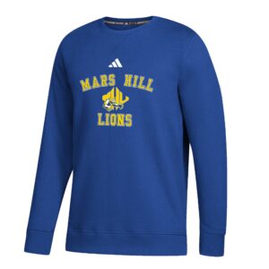 blue sweatshirt with Mars Hill Lions text and MHU athletics logo with gold diamond