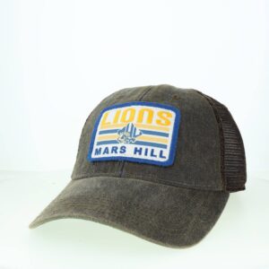 gray trucker hat with 70s-style patch wording of Lions and Mars Hill in yellow and blue with athletics logo
