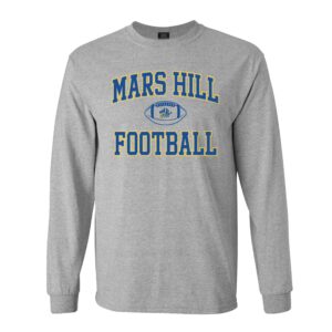 gray long-sleeved tshirt with Mars Hill Football in two lines, blue text outlined with yellpw; a blue outlined football spits the two lines