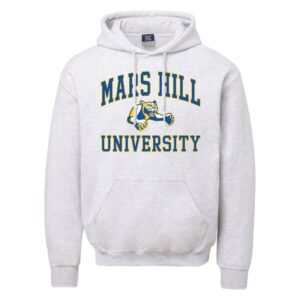 light gray hoodie with Mars Hill University lettering and a lion