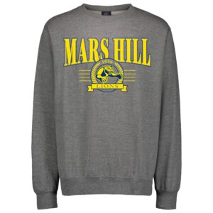 gray sweatshirt with Mars Hill in large letters and a circular logo with 1856 and a leaf design around a lion and the word Lions in a ribbon underneath