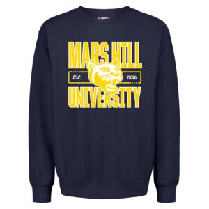 dark blue sweatshirt with Mars Hill University in block lettering and a yellow/white lion head