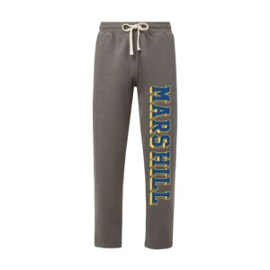 dark gray sweatpants with M Mars Hill printed on the length of one leg