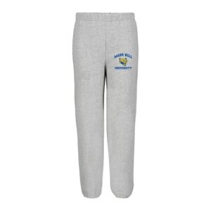 gray sweatpants with Mars Hill University and lion head on one leg