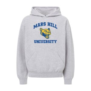 gray hoodie with Mars Hill University and lion head logo