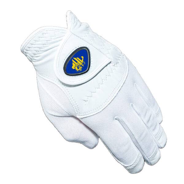 white golf glove with yellow MHU athletics logo on blue background on the hook-and-loop closure flap