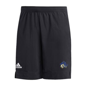 long (9 inch inseem) black shorts with MHU athletics logo on one leg and adidas logo on the other