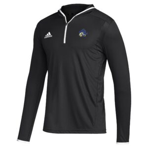 quarter-zip black hoodie with adidas and athletics logo on either side of chest