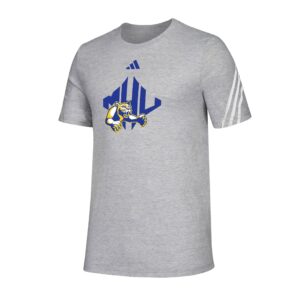 gray shirt with large blue and yellow athletics logo and blue adidas logo with white stripes on one sleeve
